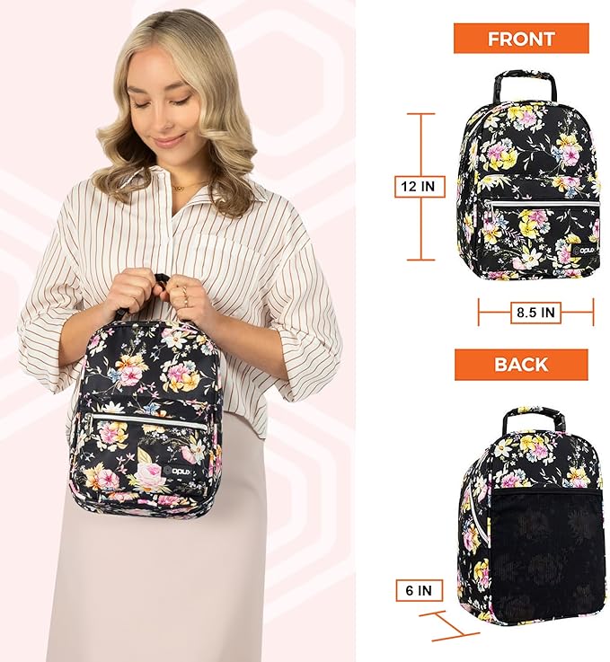opux Lunch Box for Girls Boys Kids, Insulated Leakproof Lunch Bag, Reusable Teen Lunch Boxes for School, Medium Large lunchbox for Women Men Adult for Work with Front Back Pocket (Floral Black)