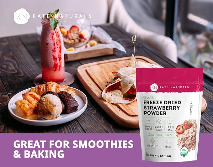 Kate Naturals Organic Freeze Dried Strawberry Powder for Baking & Drinks. Natural Strawberry Flavoring for Cakes, Icing & Smoothies (4oz, No Added Sugar)