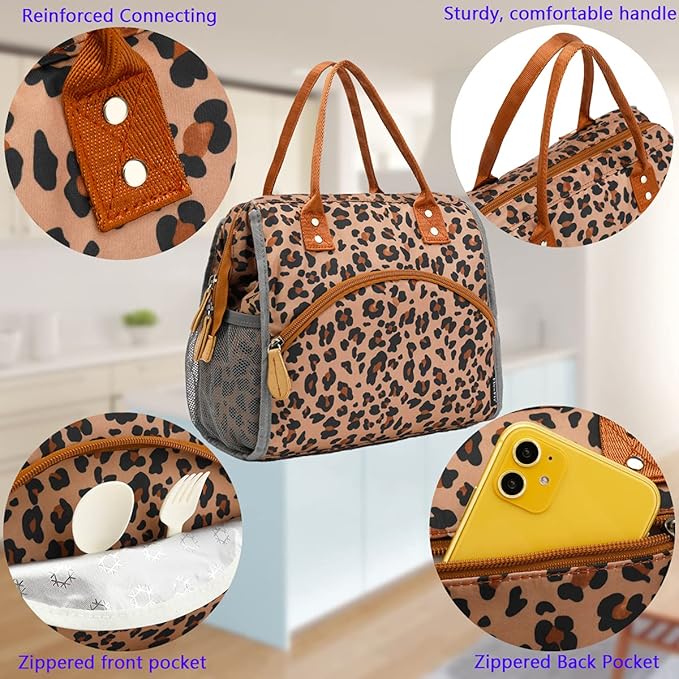 FlowFly Insulated Lunch Bag Wide-Open Lunch Box Large Tote Leakproof Cooler with Drink Holder and Multi Pockets for Women Men Adult Kids Work Picnic Travel Beach Hiking, Leopard