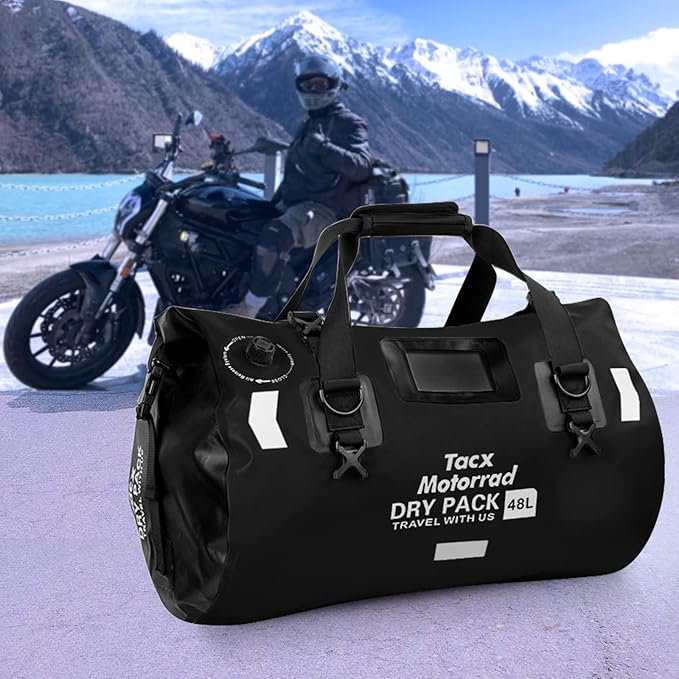 Waterproof Duffel Bag for Men/Women, Roll-top Dry Backpack Duffel Bag with Quick-fixed Straps, Motorcycle Tail Saddle Bag for Motorcycling, Rafting, Boating, Kayaking, Travel, 48L-Black