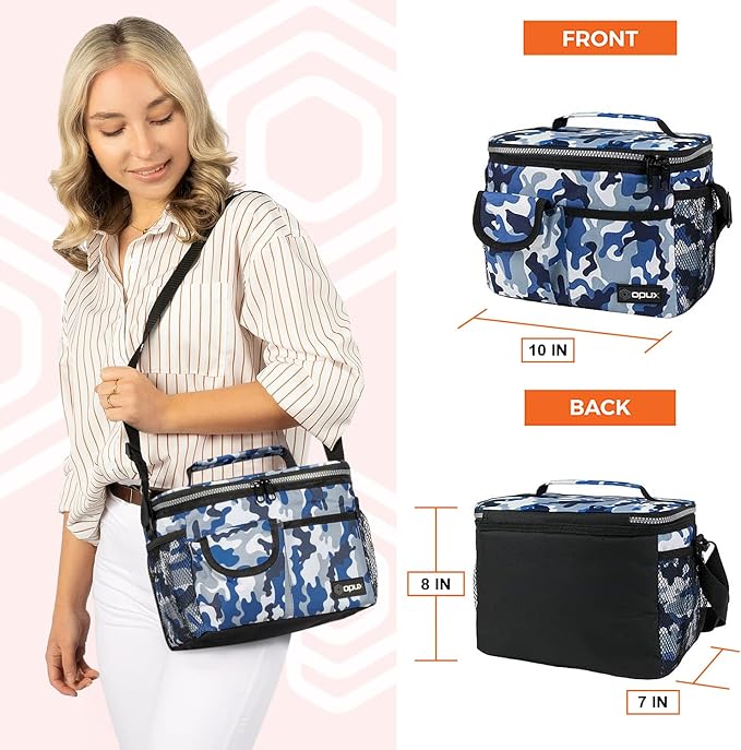 opux Insulated Lunch Bag for Men Women, Leakproof Camo Blue Lunch Box for Work, Portable Soft Lunch Cooler Bag with Shoulder Strap, Adult Lunchbox Lunch Pail for Kid Boy Girl School, 14 Can/8L