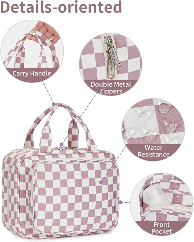 Narwey Hanging Toiletry Bag for Women Travel Makeup Bag Organizer Toiletries Bag for Travel Size Essentials Accessories Cosmetics (Dusty Rose Checkerboard (Medium))
