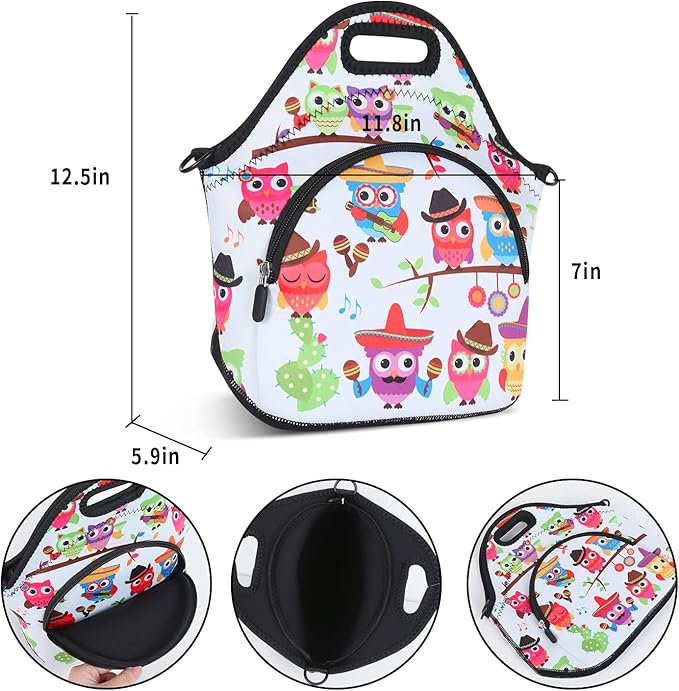 Violet Mist Owl 4 Neoprene Lunch Bag Reusable Insulated Cartoon Meal Holder with Adjustable Shoulder Strap, 12.6"L x 11.8"H x 6.3"W