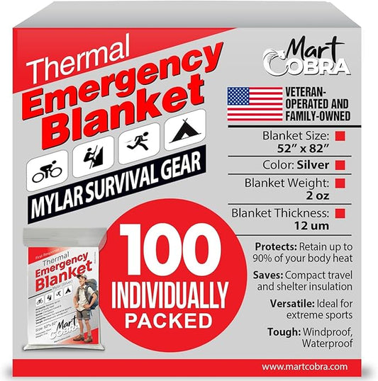 Mart Cobra Emergency Blanket 100-Pack | Reflective Thermal Blanket | Survival Gear | Lightweight Mylar Blankets | Retains 90% Body Heat | Essential for Camping, First Aid, Homeless Care Package Bulk