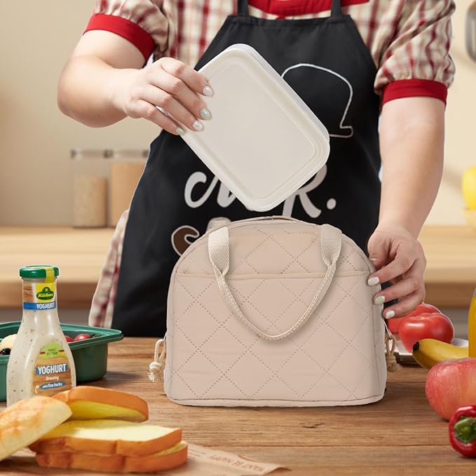 Lunch Bag, Quilted Pure Beige, Insulated Thermal Tote with Pocket, Large Capacity Reusable Cooler for Work or Travel, 8.5L