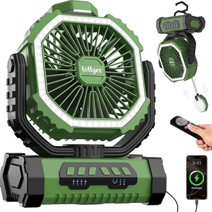 Portable Fan, AI Outdoor Rechargeable Camping Fan with Light, 20000mAh Battery Powered, 360° Rotating Hook, 4 Speeds for Indoor, Traveling, Tenting, RVing, Fishing, Beach (Green)