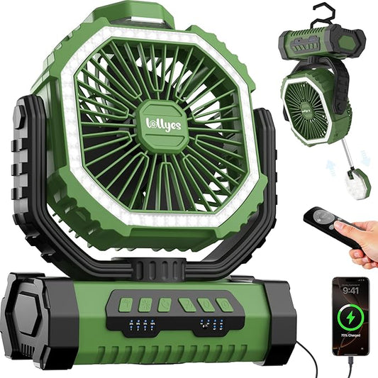 Portable Fan, AI Outdoor Rechargeable Camping Fan with Light, 20000mAh Battery Powered, 360° Rotating Hook, 4 Speeds for Indoor, Traveling, Tenting, RVing, Fishing, Beach (Green)