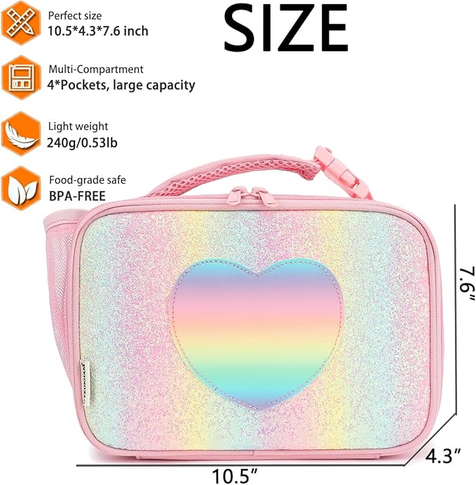 Insulated Lunch Box for School, Thermal Reusable Durable Freezable Lunch Bags for Kids Boys Girls Men Women - Small Soft Cooler Portable Lunch Tote Kit for Work Picnic Travel,Rainbow Glitter