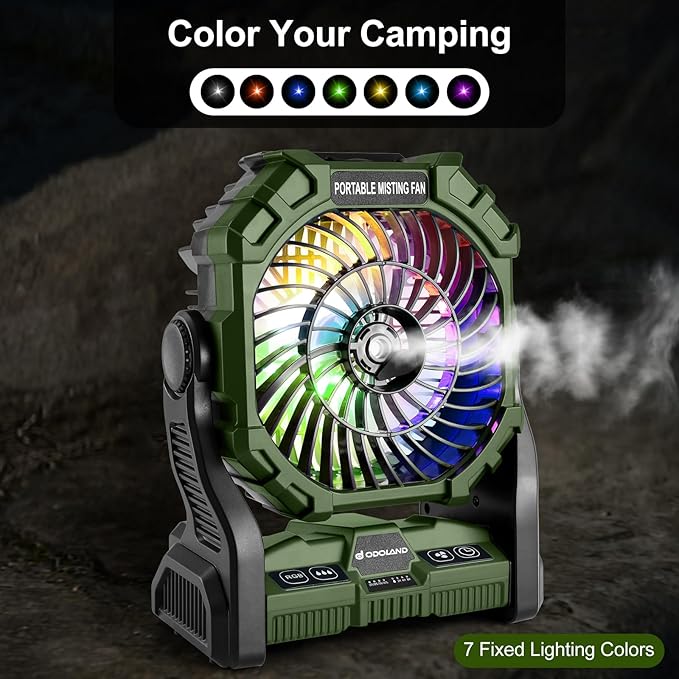 Odoland Portable Misting Fan with LED Light, 20000mAh Battery Operated Rechargeable Camping Mister Fan with 250mL Water Tank and Hook, Outdoor Tent Cooling Mist Fans for Patios Beach, Green