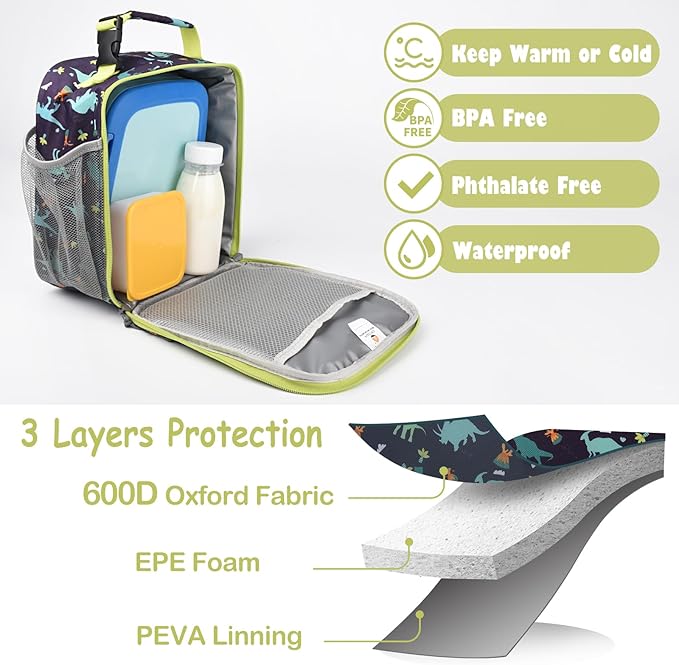 Lunch Box Kids,Premium Insulated Lunch Bag for Girls Boys,Soft Bag Mini Cooler Back to School Thermal Reusable Lunch Bag for Work School Picnic (Dino)