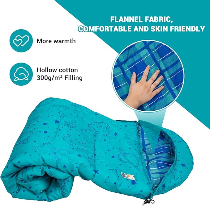 KingCamp 45°F Kids Sleeping Bag, Lightweight Waterproof & Compact Flannel Sleeping Bags Cold Weather & Warm Youth Essentials Gear Accessories for Camping, Fits 10-12 Children up to 5'5" Tall