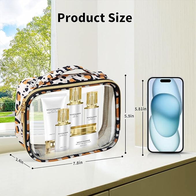 TSA Approved Travel Toiletry Bag,2 Pack Clear Makeup Bags with Handles,Quart Size Clear Cosmetic Bags for Traveling Women,Men,Carry on Airport Airline Compliant Bag,Leopard