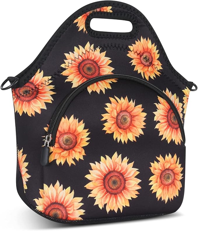 Violet Mist Neoprene Floral Lunch Bag, Sunflower, 12.6"L x 11.8"H x 6.3"W, Adjustable Shoulder Strap, Waterproof, Eco-Friendly