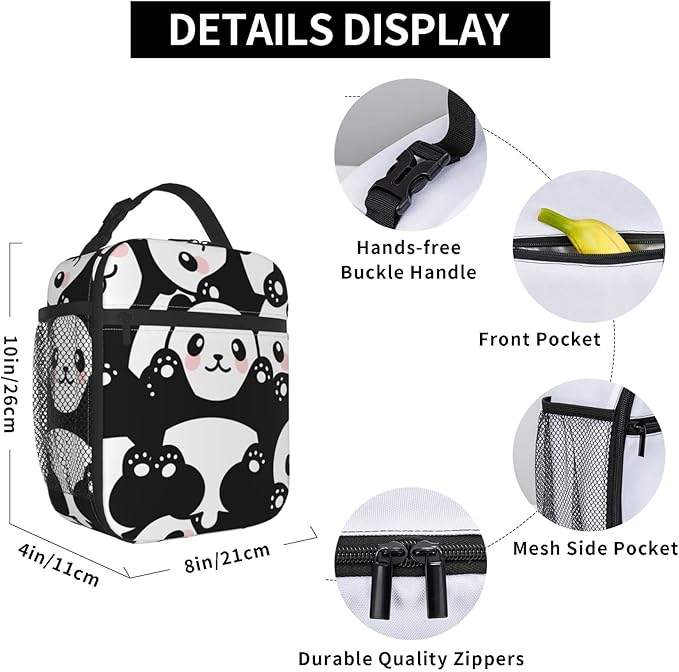 Cute Panda Print Lunch Box Reusable Insulated Lunch Bag Thermal Cooler Tote For Boys Girls Teen School Men Women Picnic Travel Hiking