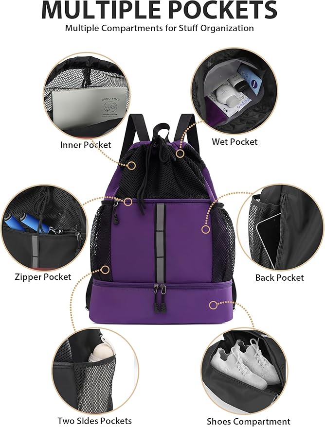 U.helper Waterproof Gym Drawstring Backpack, Sports Sack with Shoes Compartment & Wet Pockets for Ball/Beach/Swim Training (Purple)