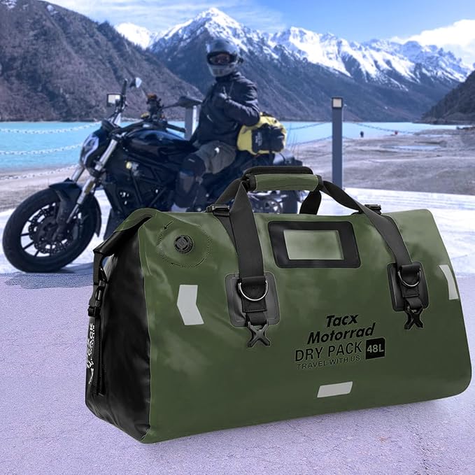 Waterproof Duffel Bag for Men/Women, Roll-top Dry Backpack Duffel Bag with Quick-fixed Straps, Motorcycle Tail Saddle Bag for Motorcycling, Rafting, Boating, Kayaking, Travel, 48L-Green