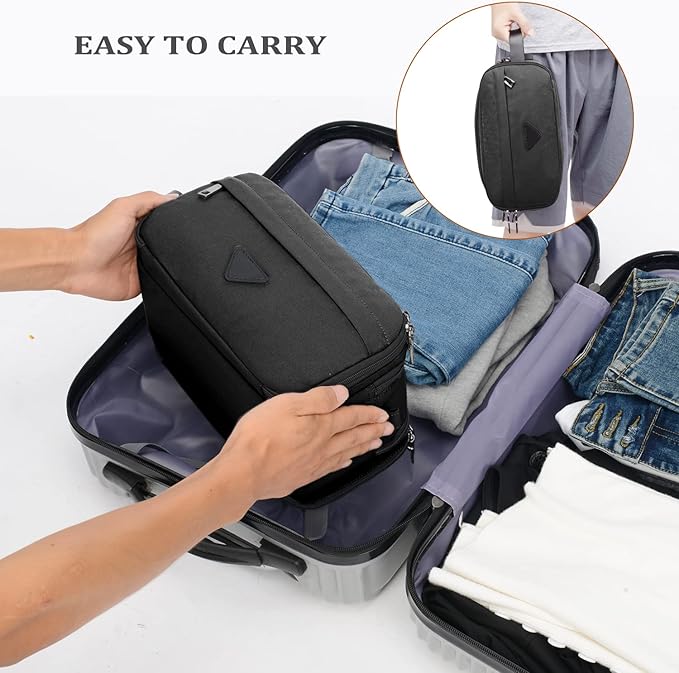 Mens Toiletry Bag Travel Leather Toiletry Organizer Dopp Kit for Men Water-resistant Shaving Bag for Bathroom (Black)