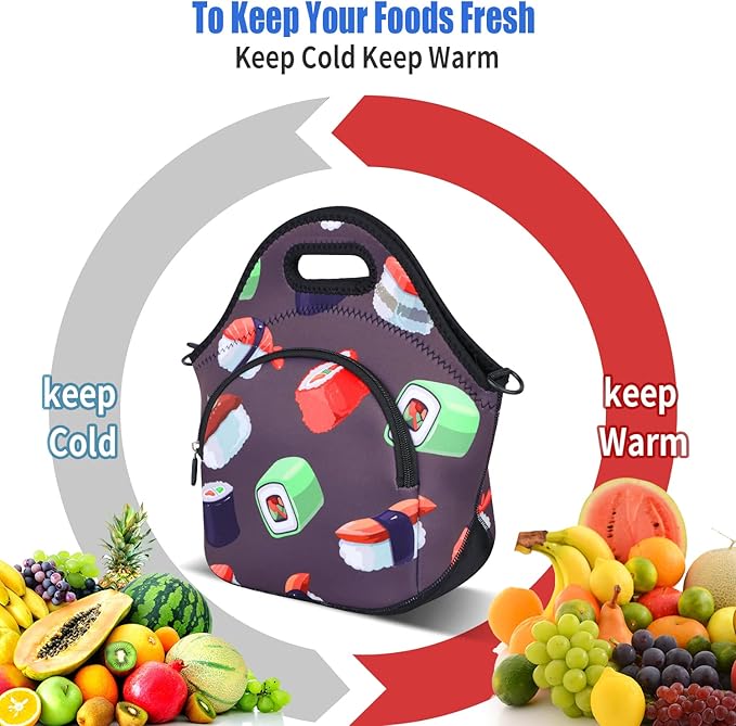 Violet Mist Womens Sushi Lunch Bag Neoprene Insulated Lunch Bag Tote Cute Cartoon Handbag Large with Pocket Detachable Adjustable Shoulder Colorful