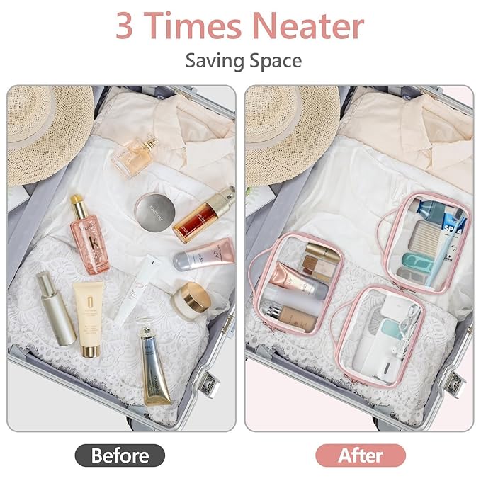 PACKISM Floral Texture Lace TSA Approved Toiletry Bag - 180° Large Opening Clear Makeup Bags in 2 Size, Clear Bags for Travel with Handle, 0.5 mm Thick Non-deformable No Smell, Pink