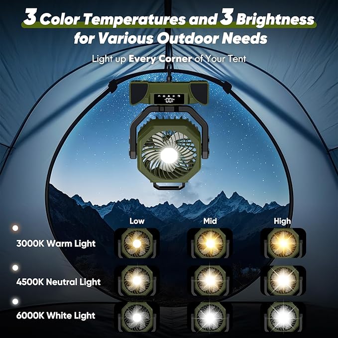 Portable Rechargeable Fan, 20000mAh Battery Powered Fan with LED Light, Camping Fans for Tent Remote Control, 5 Speed & Hook, 10-inch Outdoor Cordless Fans for Travel,Home, Beach, Power Outage - Green