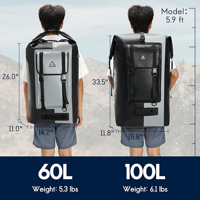 Haimont 100% Waterproof Roll-Top Backpack Heavy Duty Large Capacity IPX7 Dry Bag for Kayaking Rafting SUP Camping, 60/100L