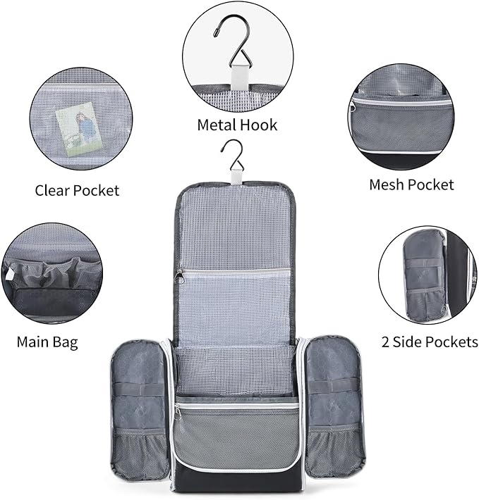 Della Gao Hanging Toiletry Bag for Men and Women, Large Capacity Cosmetics Makeup Bag Toiletries Organizer, Bathroom Bag, Water-Resistant Nylon, Black