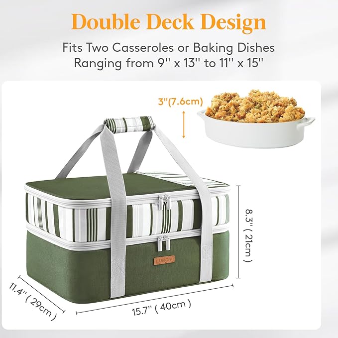 Double Decker Insulated Casserole Carrier for Hot or Cold Food, Lasagna Holder Tote for Potluck Parties/Picnic/Cookouts, Fits 9"x13" Baking Dish, Dark Green