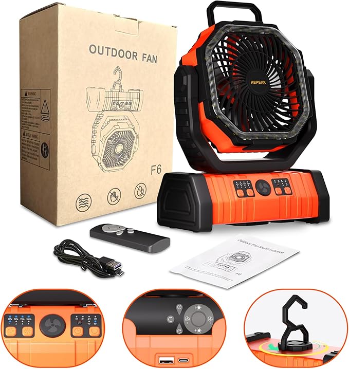 KEPEAK Rechargeable Camping Fan with LED Light, 20000Ah Battery Operated Powered Fan, 72H Runtime, Remote Control, 5.3m Airflow, Ultra-Quiet Portable Fan for Tents, Outdoor, Camping(Orange)