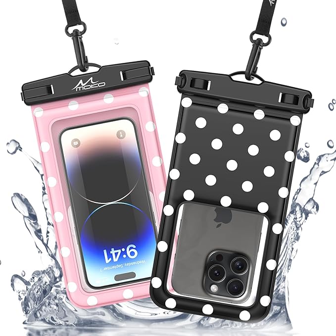 MoKo Large Waterproof Phone Pouch - 2 Pack Floating Water Protector Case Dry Bag with Detachable Lanyard, Compatible for iPhone 15 14 13 Pro Max, Galaxy S23 S22 Ultra, Black+Pink