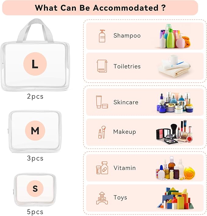 TISRATOK 10 PCS Clear Travel Makeup Toiletry Bag, Plastic PVC Cosmetic TSA Approved Organizer Kit with Zipper Handbag（White）