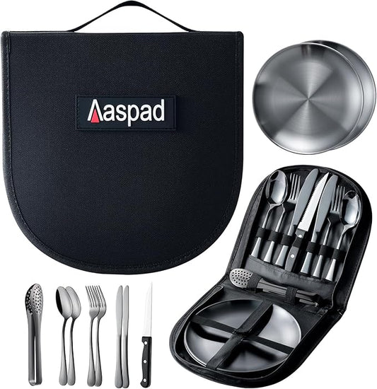 Picnic Cutlery Kit with Portable Case Camping Essentials Silverware Set Travel Utensils Outdoor Tableware Stainless Steel Flatware with Forks,Spoons,Serrated Knife,Food Clip,Plates (Black)
