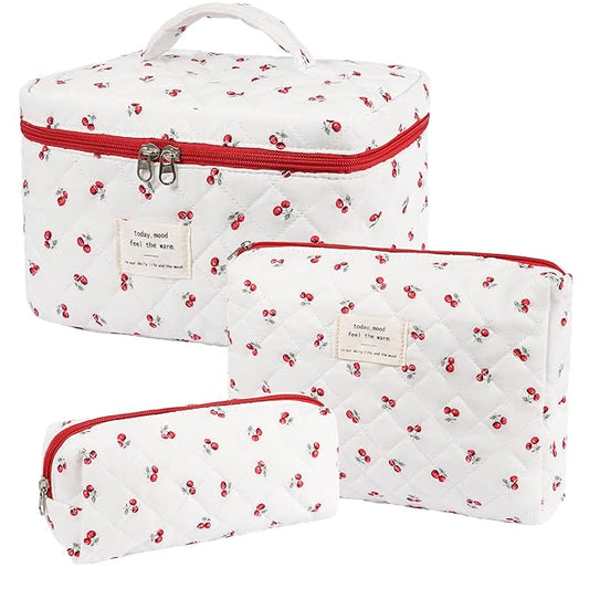 Makeup Bag,Quilted Cosmetic Bags,Large Floral Make Up Organize bag,Makeup Bag Set for Women,Flower Travel Toiletry Bag