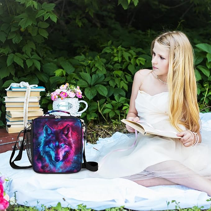 Wolf Lunch Box for Kids, Ethnic Wolf Space Galaxy Lunch Bag for Boys Girls, Reusable Insulated Waterproof Lunch Box with Adjustable Shoulder Strap Thermal Cooler Tote Bag for School Daycare Picnic