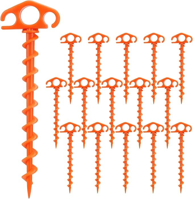 Tent Stakes Sand Stakes for Beach Tent Spiral Anchor Stakes 9.4 Inch Heavy Duty Screw Canopy Stakes for Camping, Hiking and More (16, Orange)
