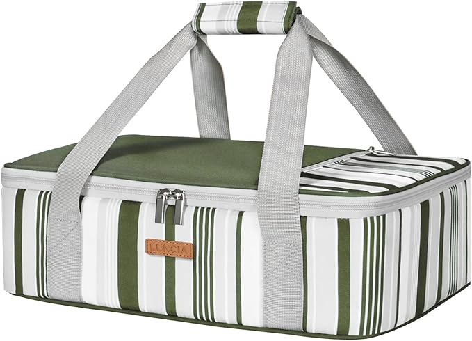 Insulated Casserole Carrier for Hot or Cold Food, Lasagna Lugger Tote for Potluck Parties/Picnic/Cookouts, Fits 9"×13" Baking Dish, Dark Green
