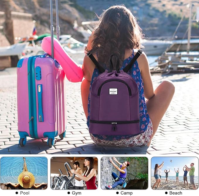 Dry Wet Drawstring Backpack with Shoe Compartment for Women Adjustable Gym Bag