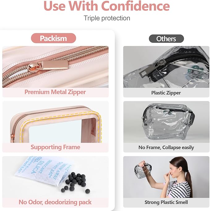 PACKISM TSA Approved Toiletry Bag - Rose Pink Flower Print Clear Shell Bag and Upgrade Color-Edged Quart Size Bag, Perfect for On the Go or Travel, Lightweight and Robust, 2 Pack