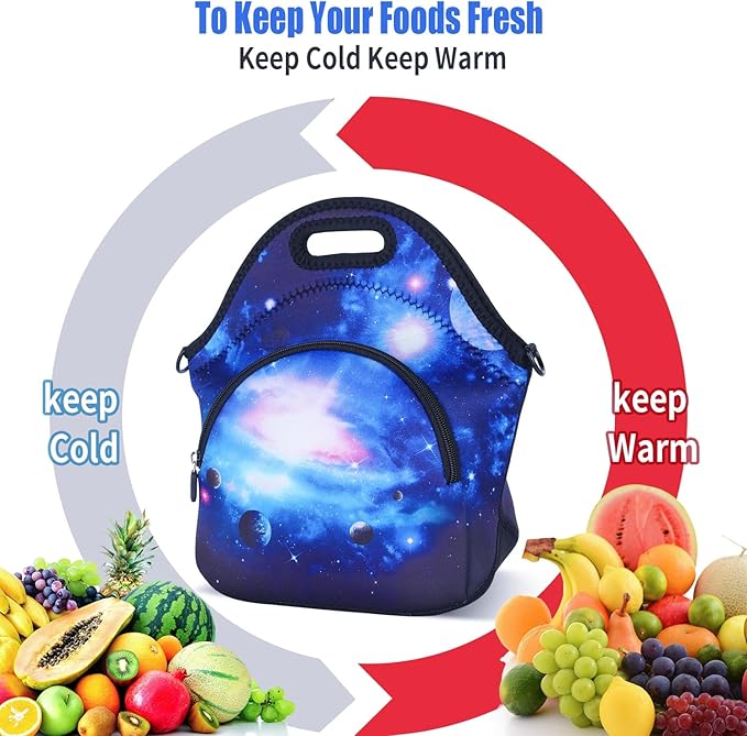 Violet Mist Womens Neoprene Insulated Galaxy Space lunch Bag Lunch Tote Bag Thermal Lunch Box with Extra Pocket Detachable Adjustable Shoulder Lunchbox Food Handbags Gift for Women Men Blue Star Sky