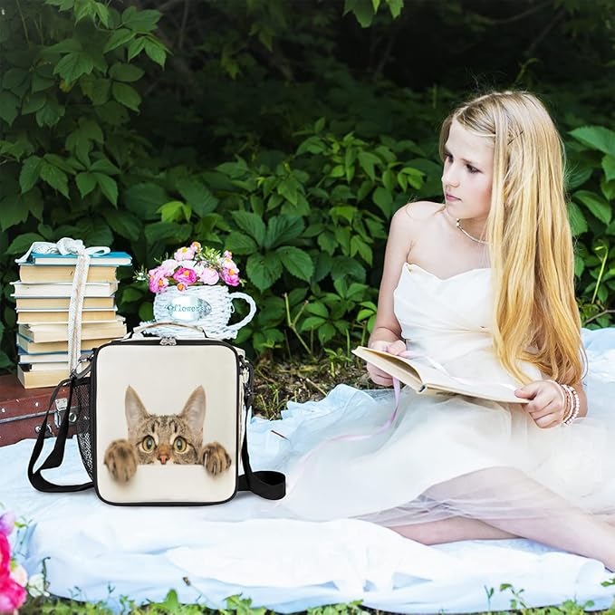 Funny Animal Cat Reusable Lunch Bag, Insulated, Spacious, Waterproof, Suitable for Boys and Girls, 10.5 x 3.5 x 9.5 inches