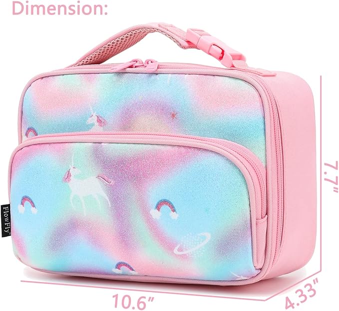 FlowFly Kids Lunch box Insulated Soft Bag Mini Cooler Back to School Thermal Meal Tote Kit for Girls, Boys,Glitter-Unicorn