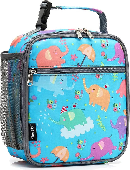 FlowFly Kids Lunch box Insulated Soft Bag Mini Cooler Back to School Thermal Meal Tote Kit for Girls, Boys, Elephant