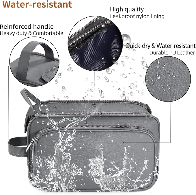 Buruis Extra Large Toiletry Bag for Men, Travel Toiletry Organizer Dopp Kit Water-resistant Shaving Bags, PU Leather Cosmetic Bathroom Shower Bag for Toiletries, Grooming, Accessories (Grey)