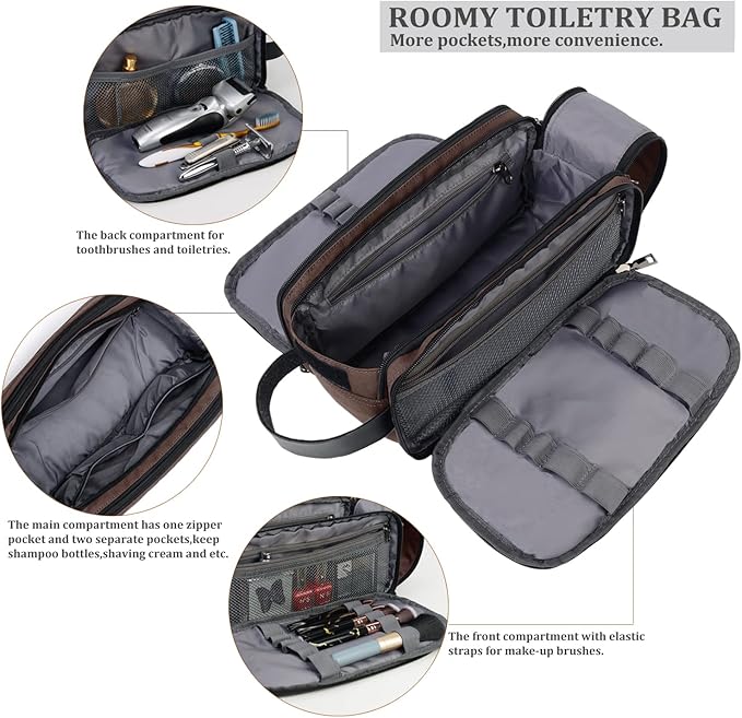 Mens Toiletry Bag Travel Leather Toiletry Organizer Dopp Kit for Men Water-resistant Shaving Bag for Bathroom (Brown)
