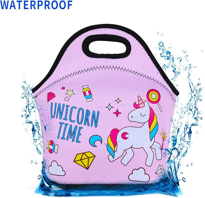 Violet Mist Unicorn Pink Neoprene Lunch Bag Cute Insulated Reusable Lunch Box Thermal Lunch Bags Tote Waterproof Thick Lunch Handbag with Zipper Thanksgiving Christmas Gifts Work Picnic