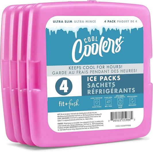 Cool Coolers by Fit & Fresh 4 Pack Slim Ice Packs, Quick Freeze Space Saving Reusable Ice Packs for Lunch Boxes or Coolers, Purple