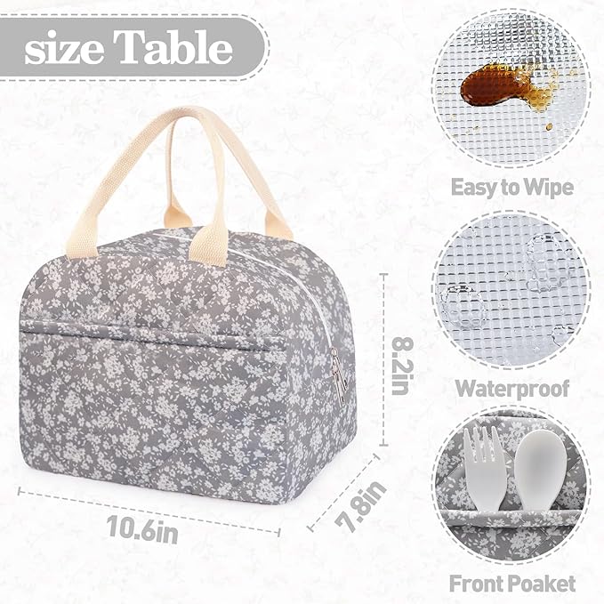 Cotton Quilted Insulated Lunch Bag, Cute Quilted Floral Lunch Tote Bags Reusable Insulated Lunch Box Coquette Aesthetic Large Capacity Insulated Cooler for Women Men Work Travel Picnic (Grey)