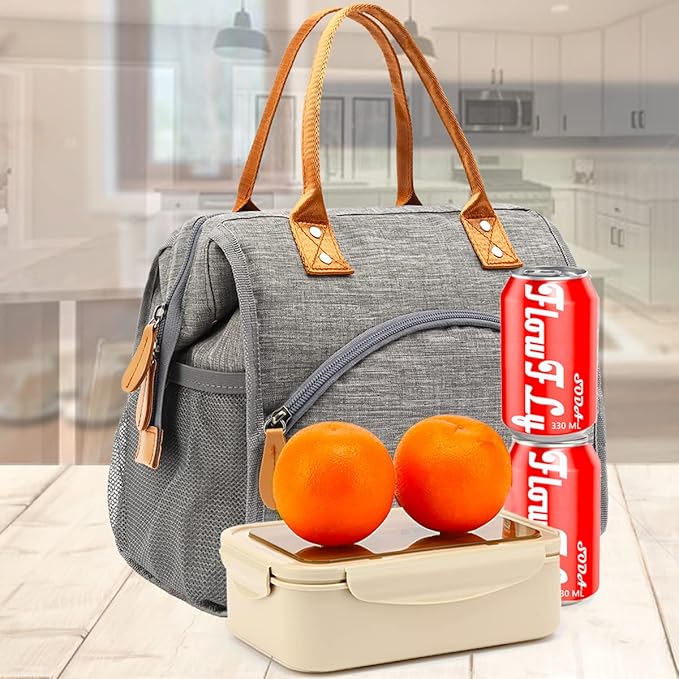 FlowFly Insulated Lunch Bag Wide-Open Lunch Box Large Tote Leakproof Cooler with Drink Holder and Multi Pockets for Women Men Adult Kids Work Picnic Travel Beach Hiking, Grey