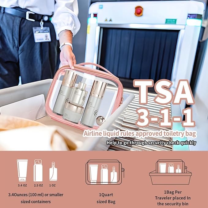 TSA Approved Travel Toiletry Bag,4 Pack Clear Makeup Bags with Handles,Quart Size Clear Cosmetic Bags for Traveling Women,Men,Carry on Airport Airline Compliant Bag,Pink