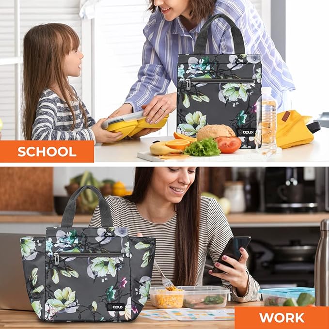 opux Lunch Bag for Women, Insulated Lunch Box Tote for Girls Kids Adult School Work, Reusable Womens Lunch Tote for Office Travel, Cute Small Lunch Tote, Fits 12 Cans - Floral Gray