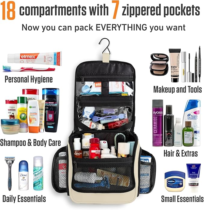VENTURE 4TH Hanging Travel Toiletry Bag for Women & Men - Travel Organizer with Expandable Compartments & Removable Clear Pouch for Toiletries (Beige)